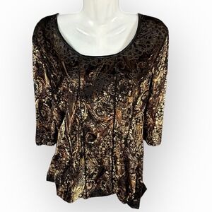 Top Womens L Brown Black Floral Velvet Burnout 3/4 Sleeve‎ Y2K Whimsygoth Boho